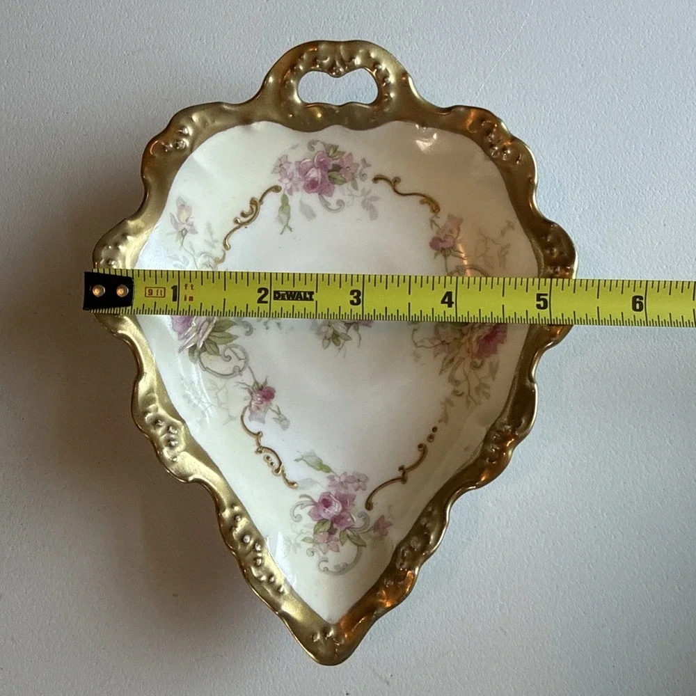 VTG Limoges France Hand Painted Roses Gold Trim Heart Leaf Shape 7